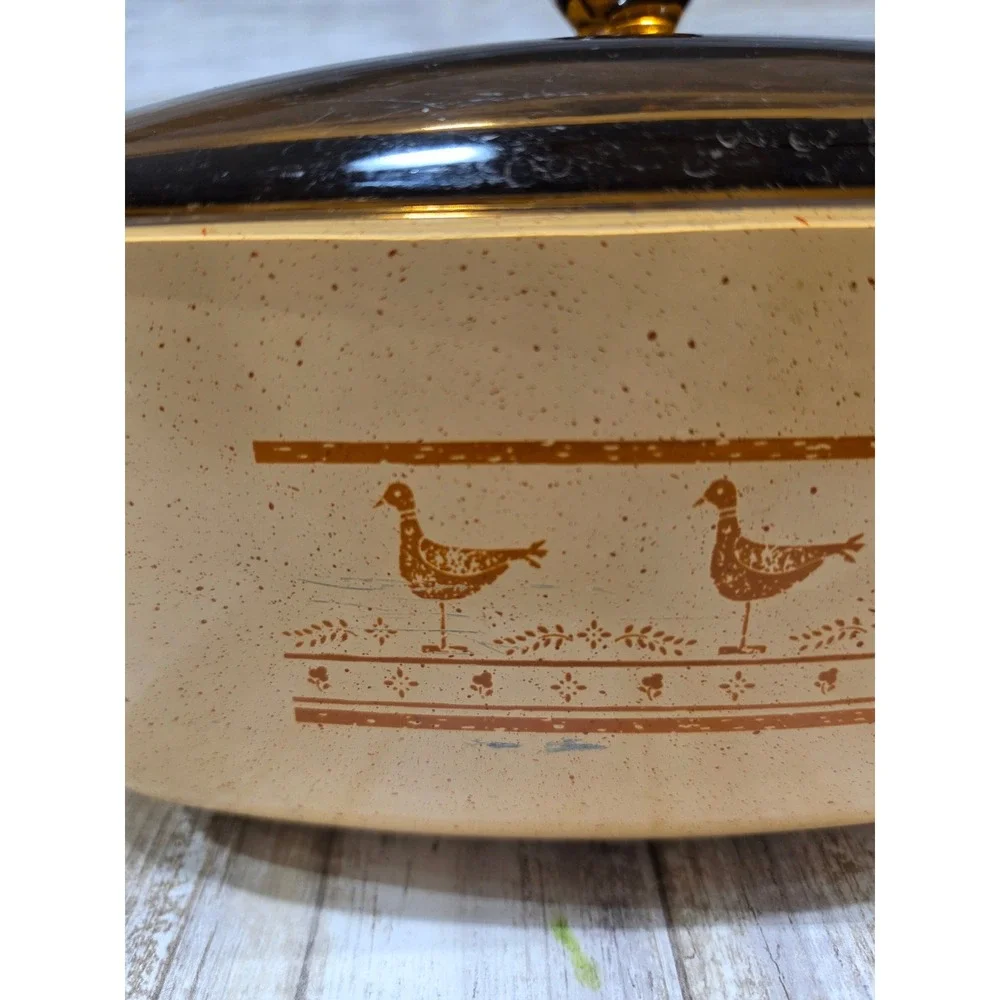 Vintage West Bend Speckled Tan Bird Motif Slow Cooker Deep Pan w/ Lid NO‎ BASE